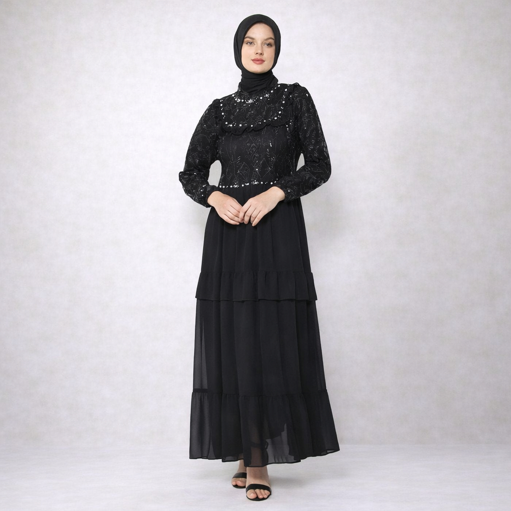LUNNABBY Gamis Amanda Wanita Muslim Dress Fashion Ceruty Brukat Aksesoris Mutiara Tanam