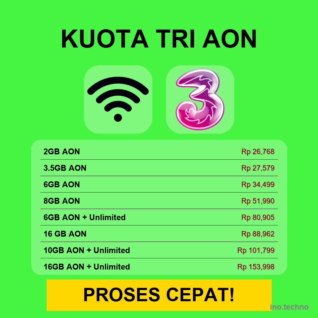 KUOTA TRI AON MURAH | PAKET DATA TRI AON | KUOTA TRI AKTIF SELAMA KARTU AKTIF 2GB - 50GB