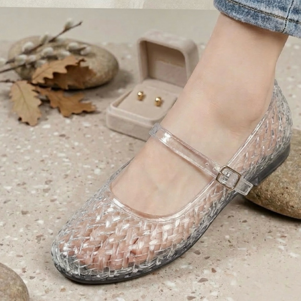 Flat shoes jelly transparan wanita model jaring Youth Balance D2538