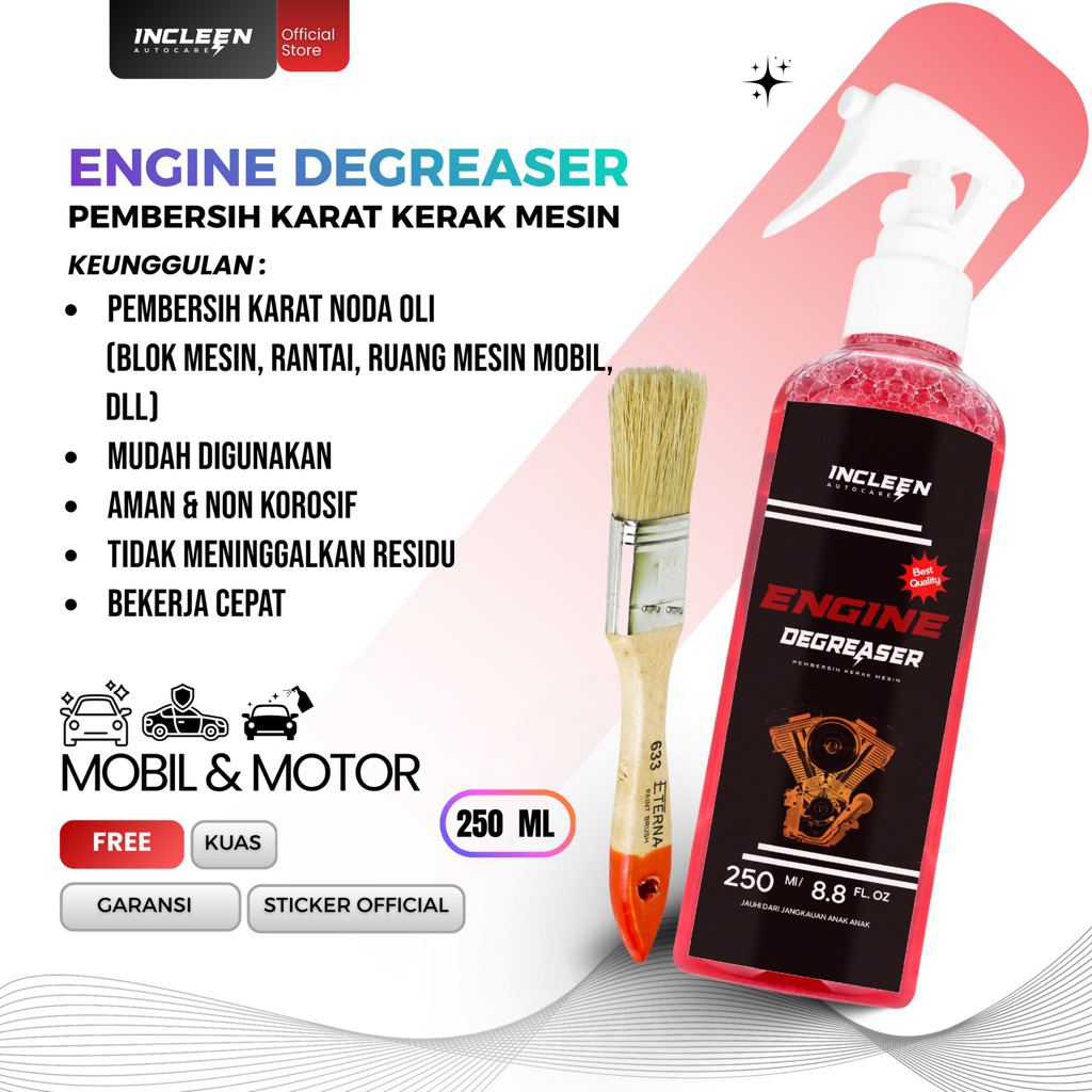 Engine Degreaser Merah 250ML by INCLEEN Auto Care – Pembersih Kerak Mesin Mobil Motor, Oli, Grease &