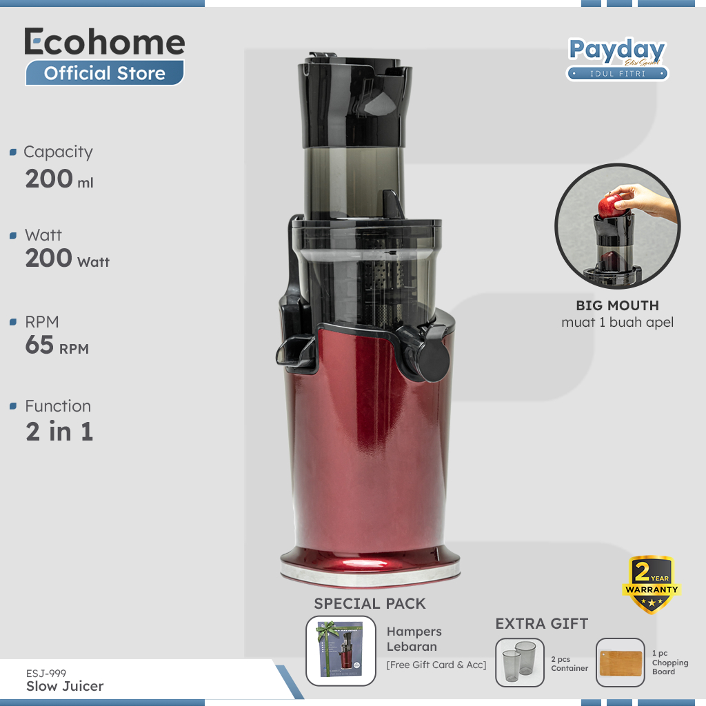 ECOHOME Slow Juicer ESJ999 2 in 1 Function Pengekstrak Buah Tanpa Ampas RPM65 Low Watt & Easy Clean