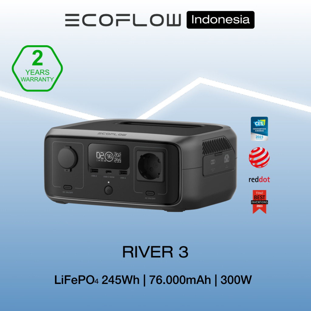 EcoFlow RIVER 3 Portable Power Station | Kapasitas 245Wh Output 300W | Genset Solar Panel PLTS, Solu