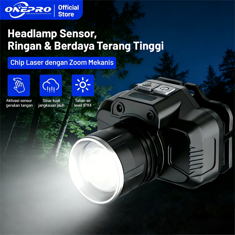 Onepro T35 Senter Kepala /Lampu Senter Kepala/Baterai 3000Mah 20W Senter Super Terang Co