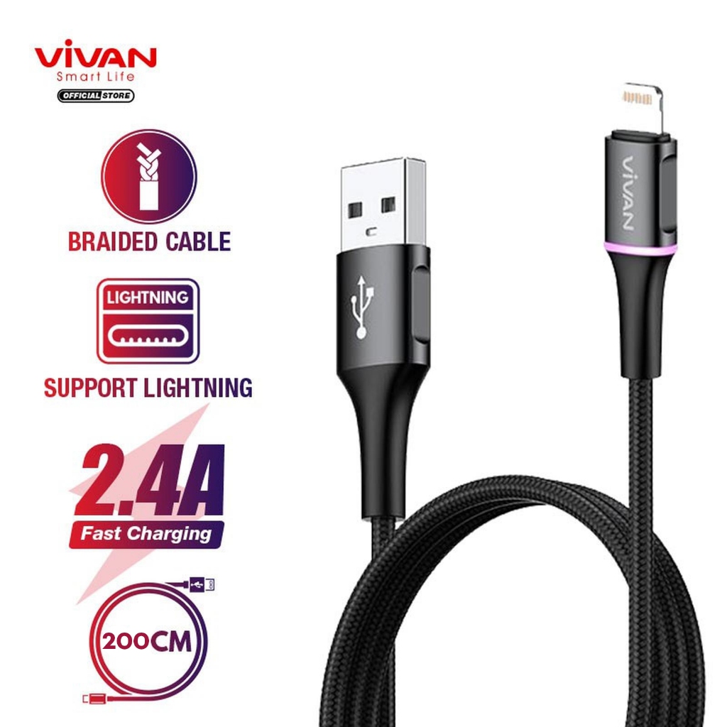 VIVAN VDL200 Kabel iPhone Lightning 2.4A LED Light Fast Charging 2M 200CM Kabel Data iPhone iPad Ori