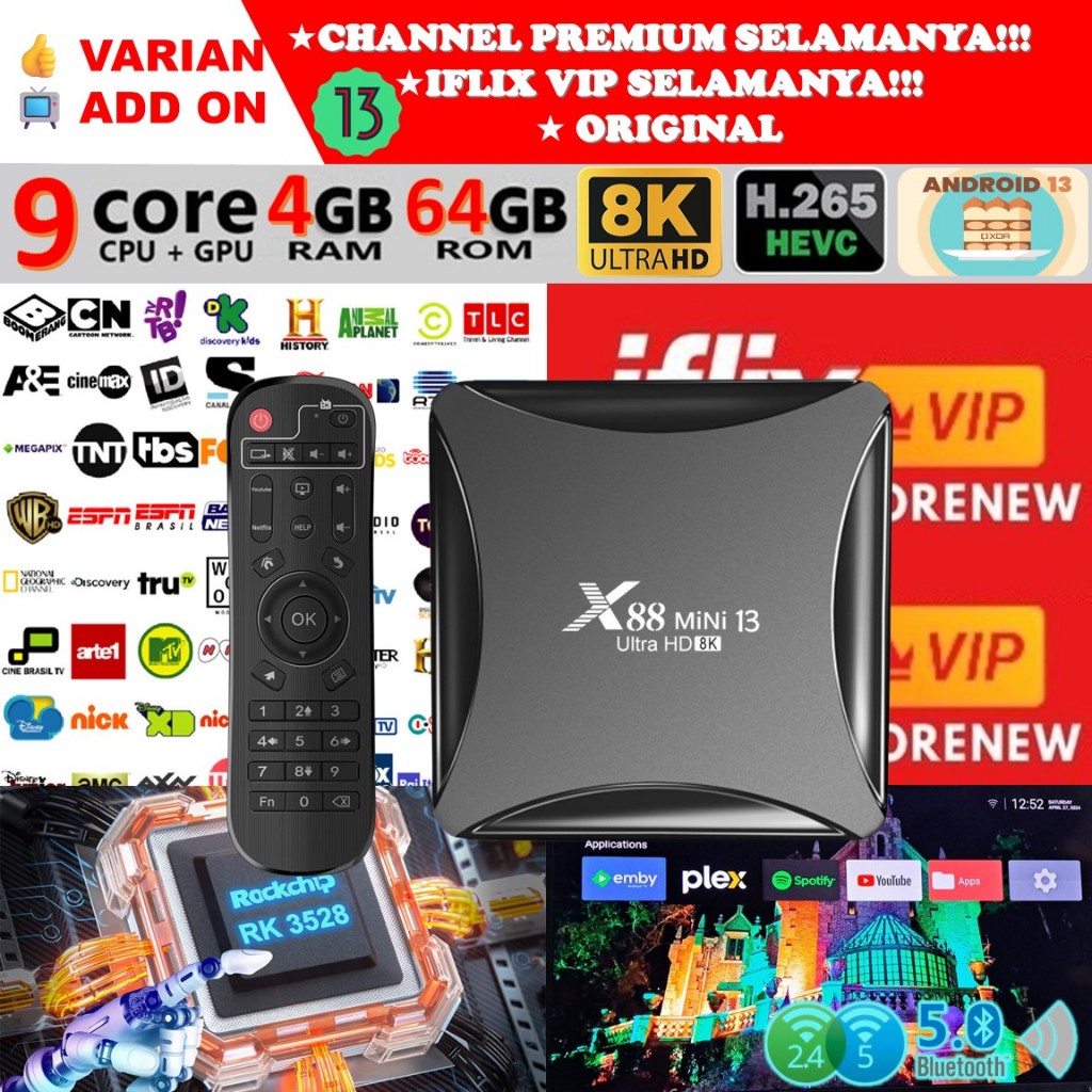 STB Android 13 Smart TV Box Android X88 MINI Ram 4GB Rom 64GB 4/64 Unlock Full Channel TV Iflix Tanp
