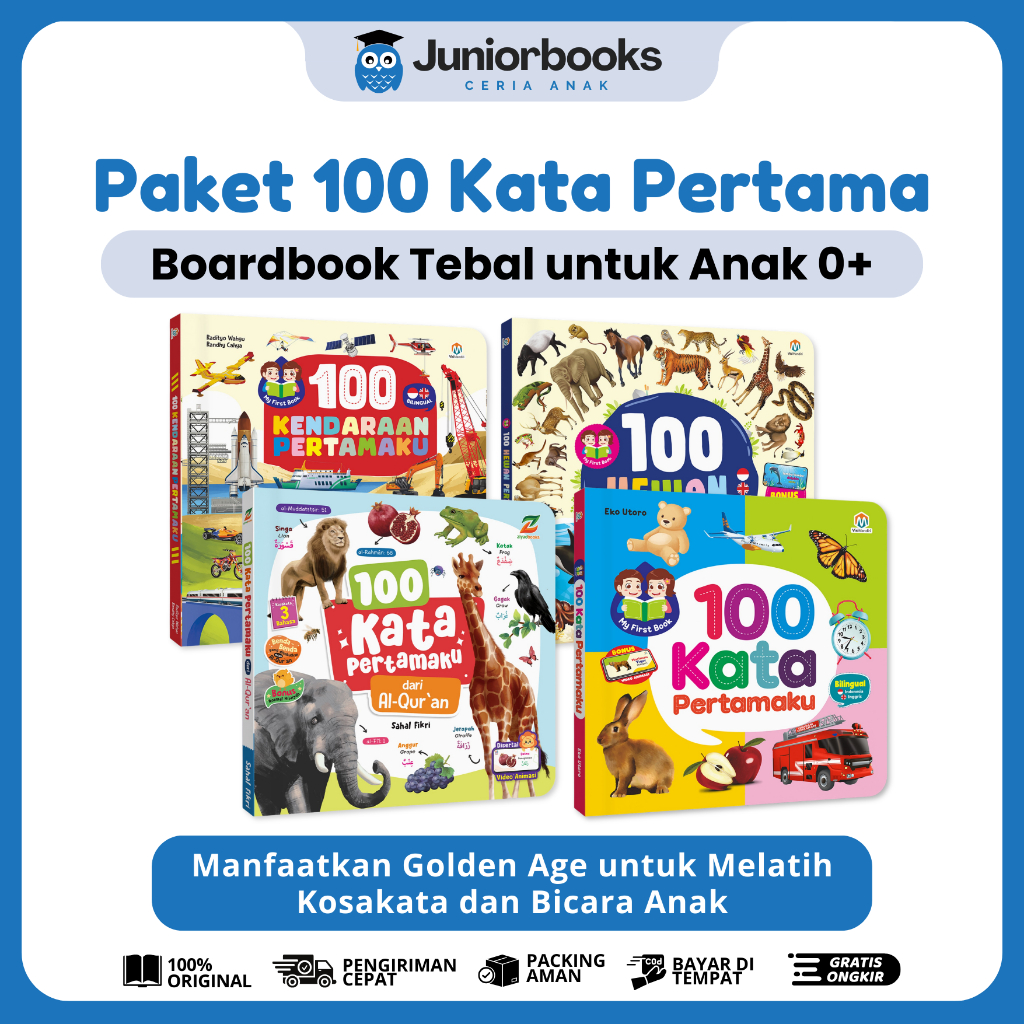 Paket 100 Kata Pertamaku - Buku Boardbook Anak 0+ Tebal - Seri 100 Kata Hewan Kendaraan - Kosa Kata 