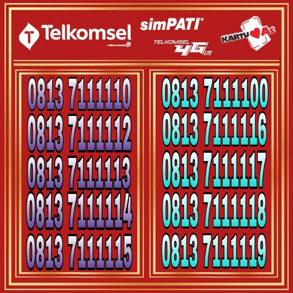 Nomor Cantik Simpati 11Digit,x821 211111x, x813 7111117,x821 3000 789 Kuota 3GB Kartu Perdana Telkom