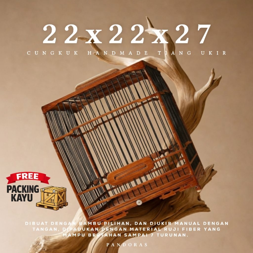 Sangkar Cungkok Ukir Minimalis, Bahan Bambu, Ukuran 22x22x27 cm. Untuk Burung Kecil hingga Sedang.
