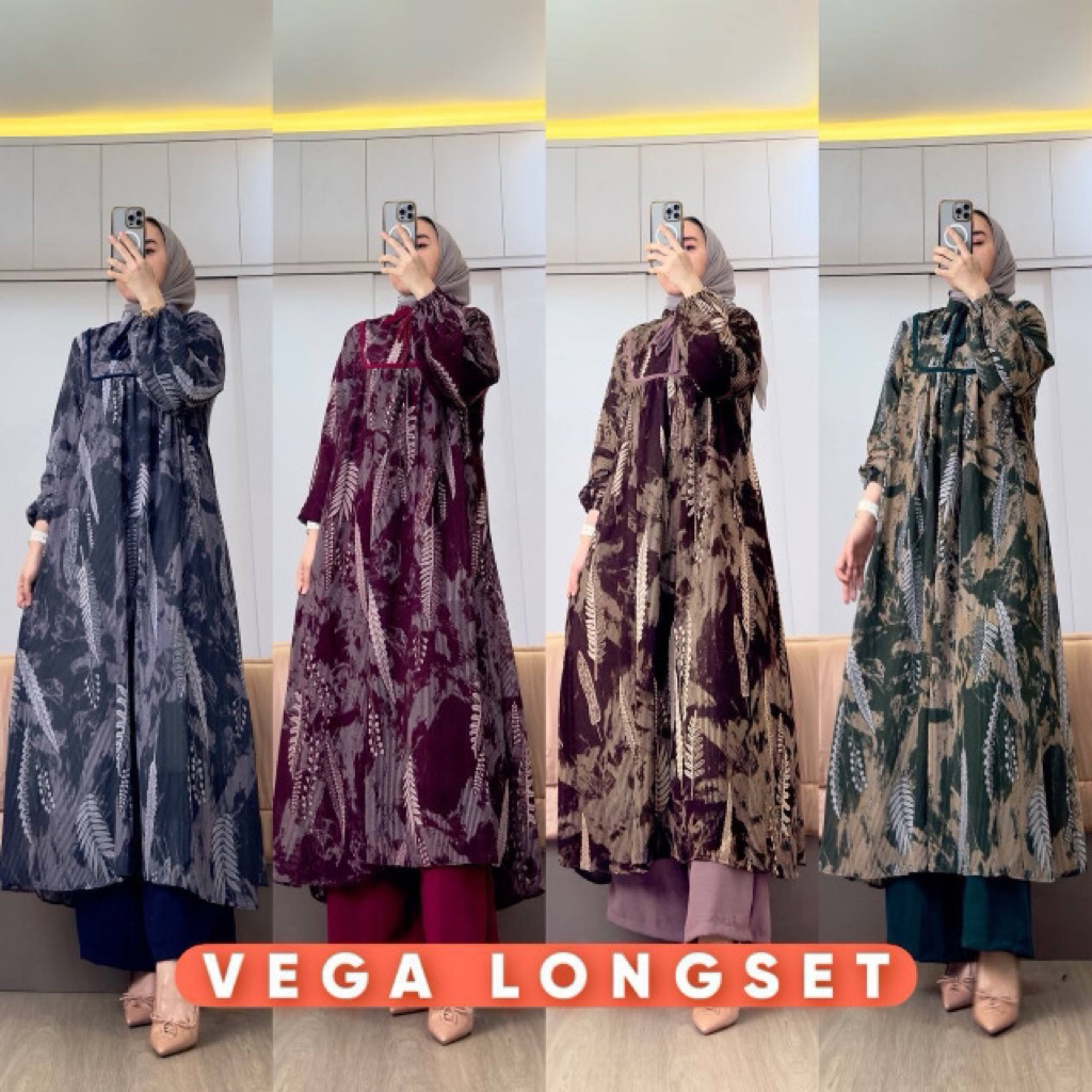 vega long set tali satu set long tunik dan celana