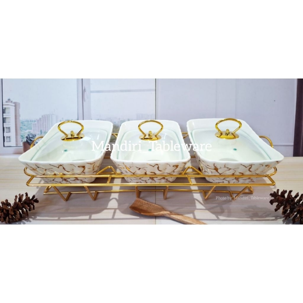 3 Set Prasmanan Keramik Plus Tutup Kaca | Mangkok Saji | Motif Marble | Premium Quality (MP-988 GL)