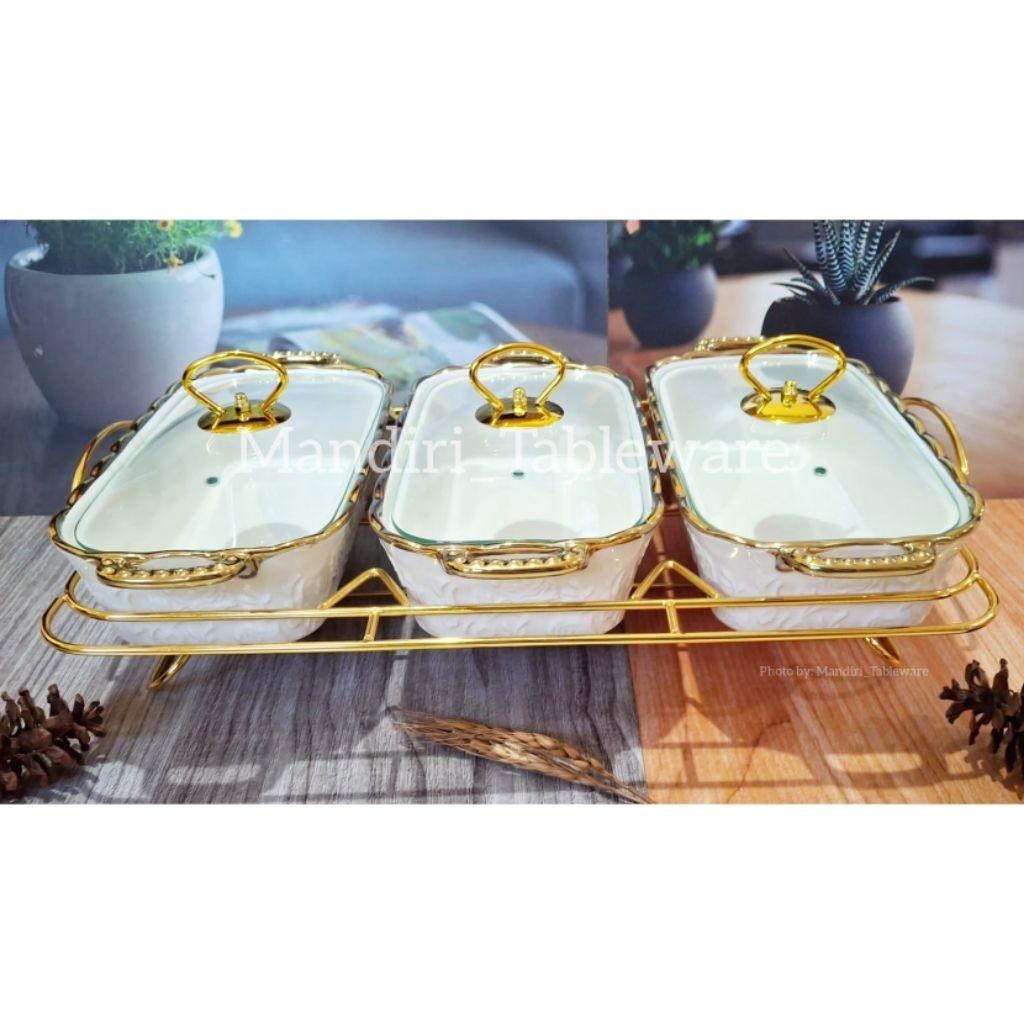 3 Set Prasmanan Persegi keramik Plus Tutup Kaca | Mangkok Saji | Motif Embossed Gold Line | Premium 
