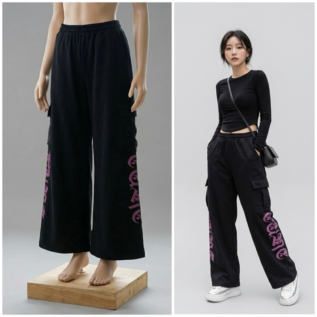 Cargo Pants Black Graphic Pink – Celana Kulot Cargo Wanita