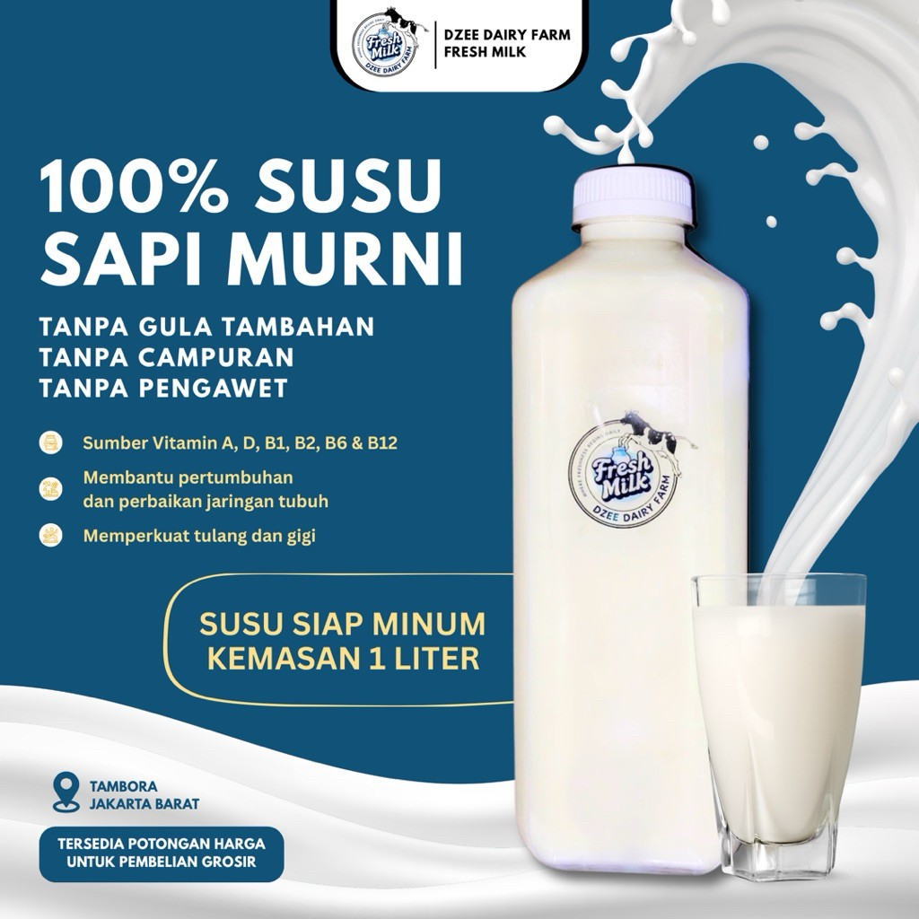 SUSU SAPI MURNI TANPA PENGAWET SIAP MINUM KEMASAN 1 LITER | DZEE DAIRY FARM FRESH MILK