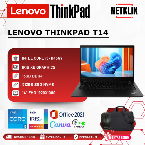 Laptop Lenovo Thinkpad T14 i5-1145G7 16GB 512GB SSD WIN11 PRO Garansi ORI