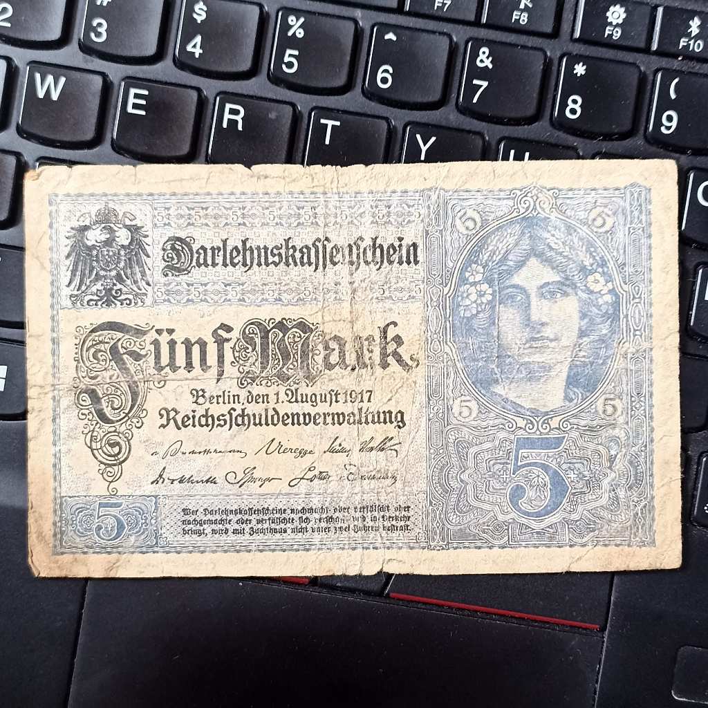 Uang Kuno Jerman 5 Mark Darlehnskassenschein Tahun 1917