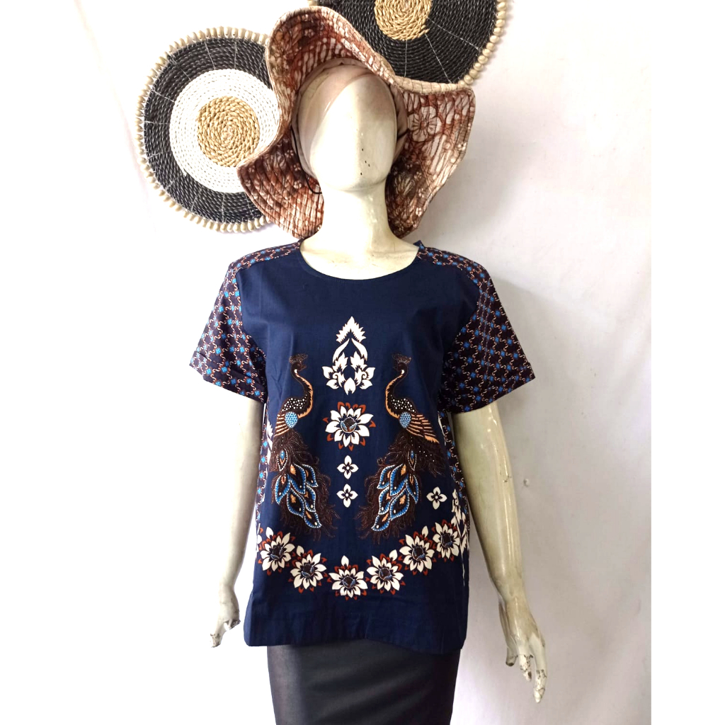 Blouse Batik Wanita Biru Navy Lengan Pendek Katun Adem