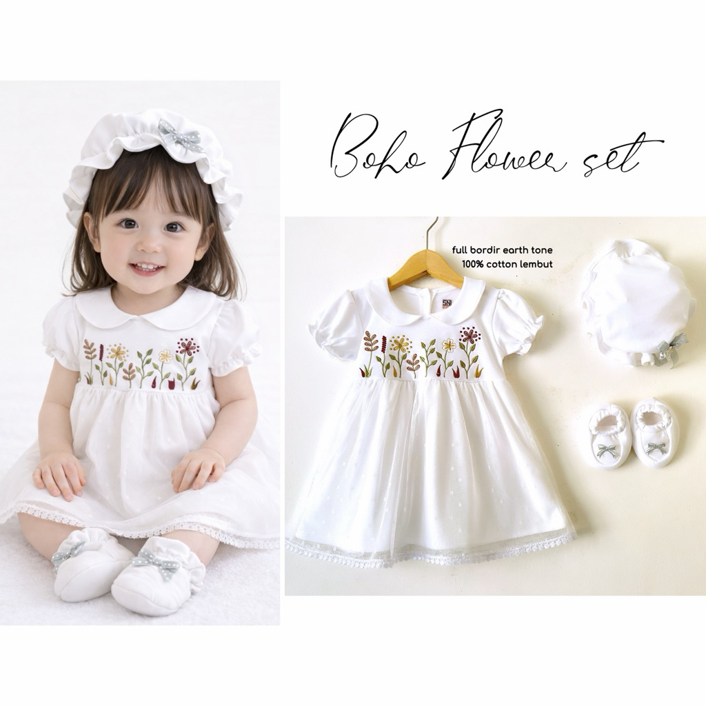 Baju setelan dress muslim lebaran gamis bandana sepatu lucu cantik anak bayi cewek AQIQAH PURE WHITE
