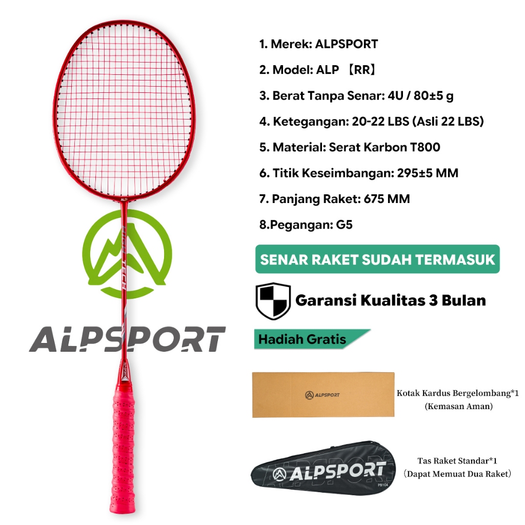 ALPSPORT RR Set 2 Raket Bulutangkis + Tas 4U G5 Full Carbon Serat Karbon T800 20-22Lbs Senar Terpasa