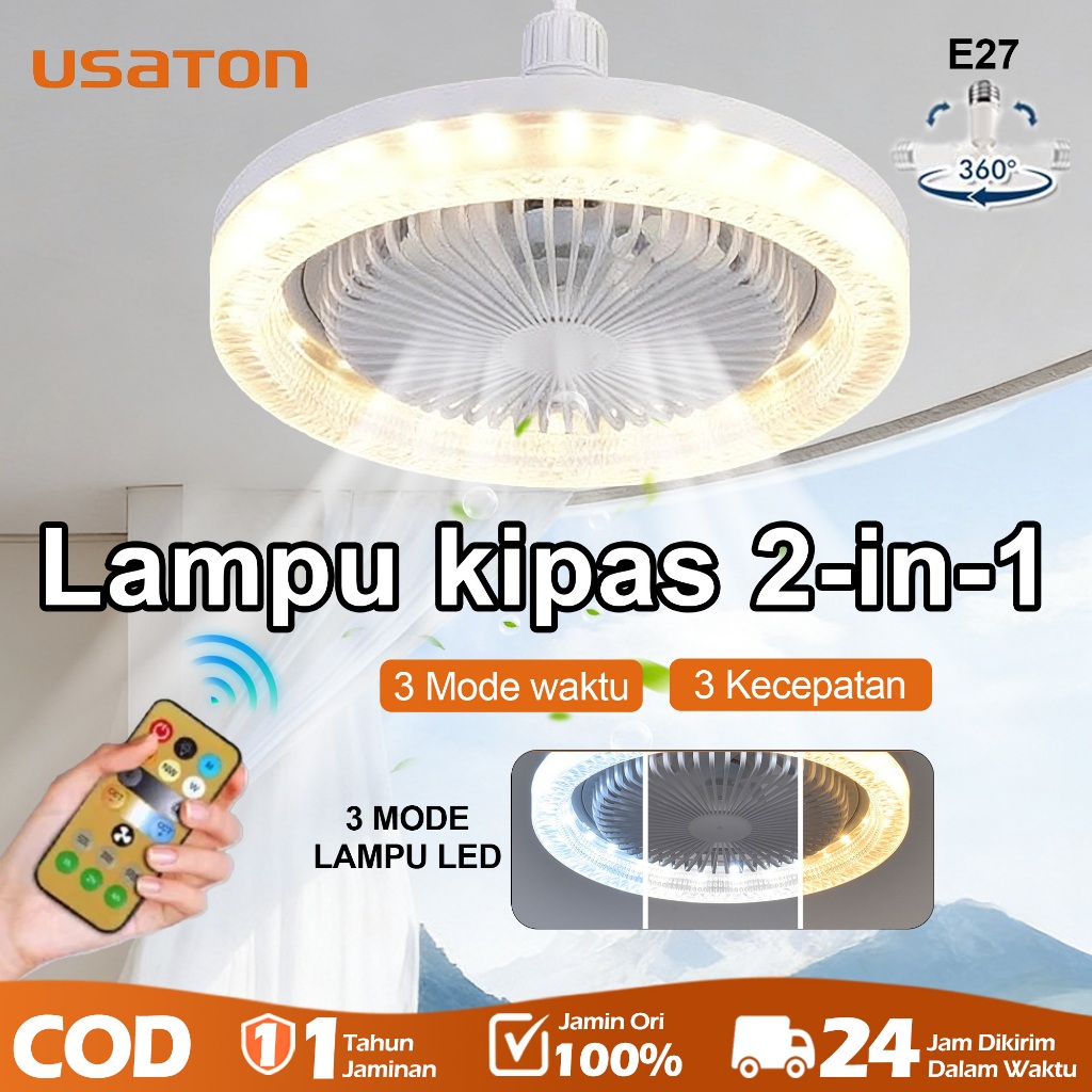 USATON Lampu Kipas Kristal Mewah 50W Lampu Kipas Angin LED E27 2in1 26CM Plafon dengan Remote, 3 War