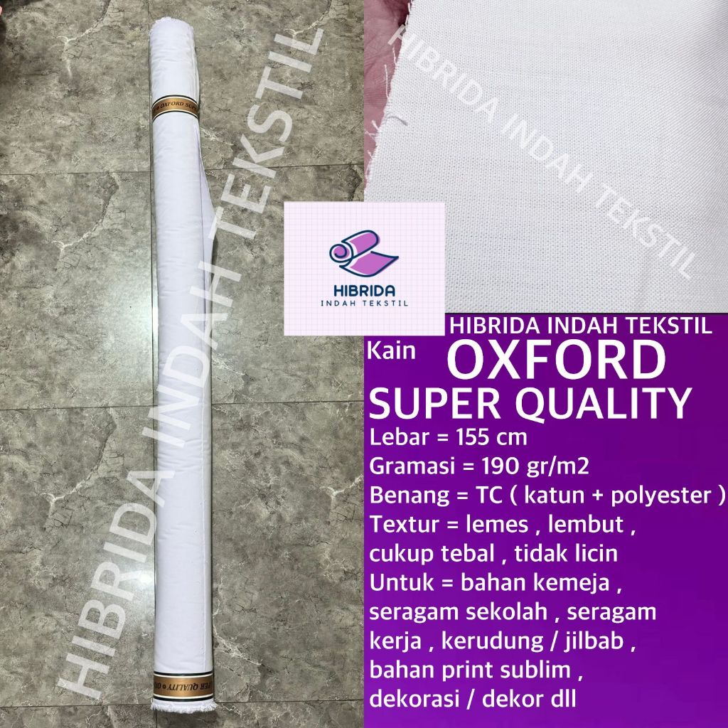 ( per 1 roll ) kain OXFORD SUPER QUALITY putih katun polyester lebar 155 cm bahan baju kemeja hem at
