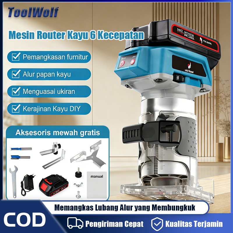 ToolWolf Mesin Router Kayu Cordless 21V 6 Kecepatan Alat Ukir Kayu Elektrik Brushless Trimmer Listri