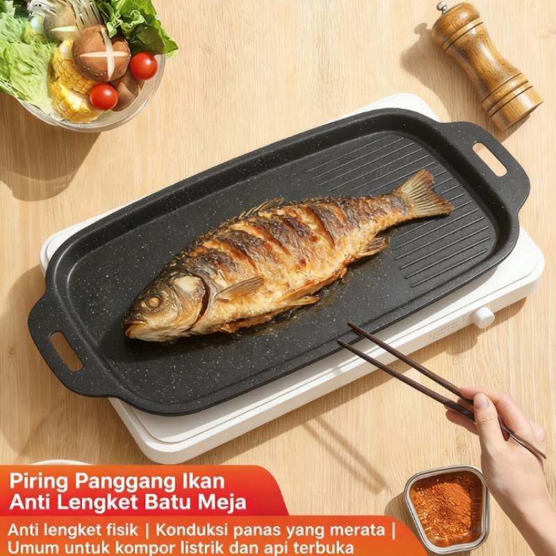 Panggangan Persegi Panjang Anti Lengket Batu Mawar untuk Ikan Bakar & BBQ - Alat Panggang Rumah untu