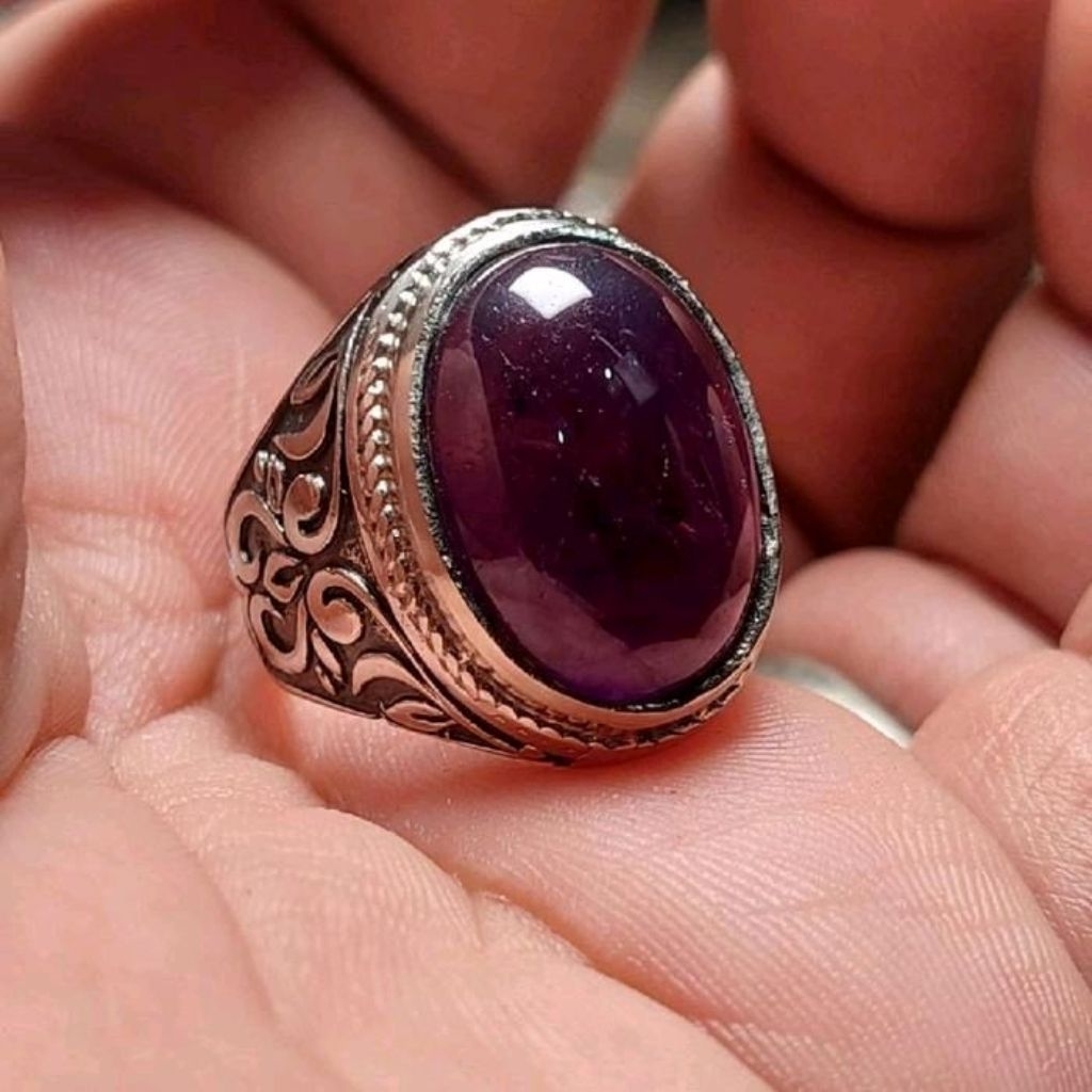 cincin batu kecubung wulung tua ungu brazil dim 18mm natural asli alam ring alpaka