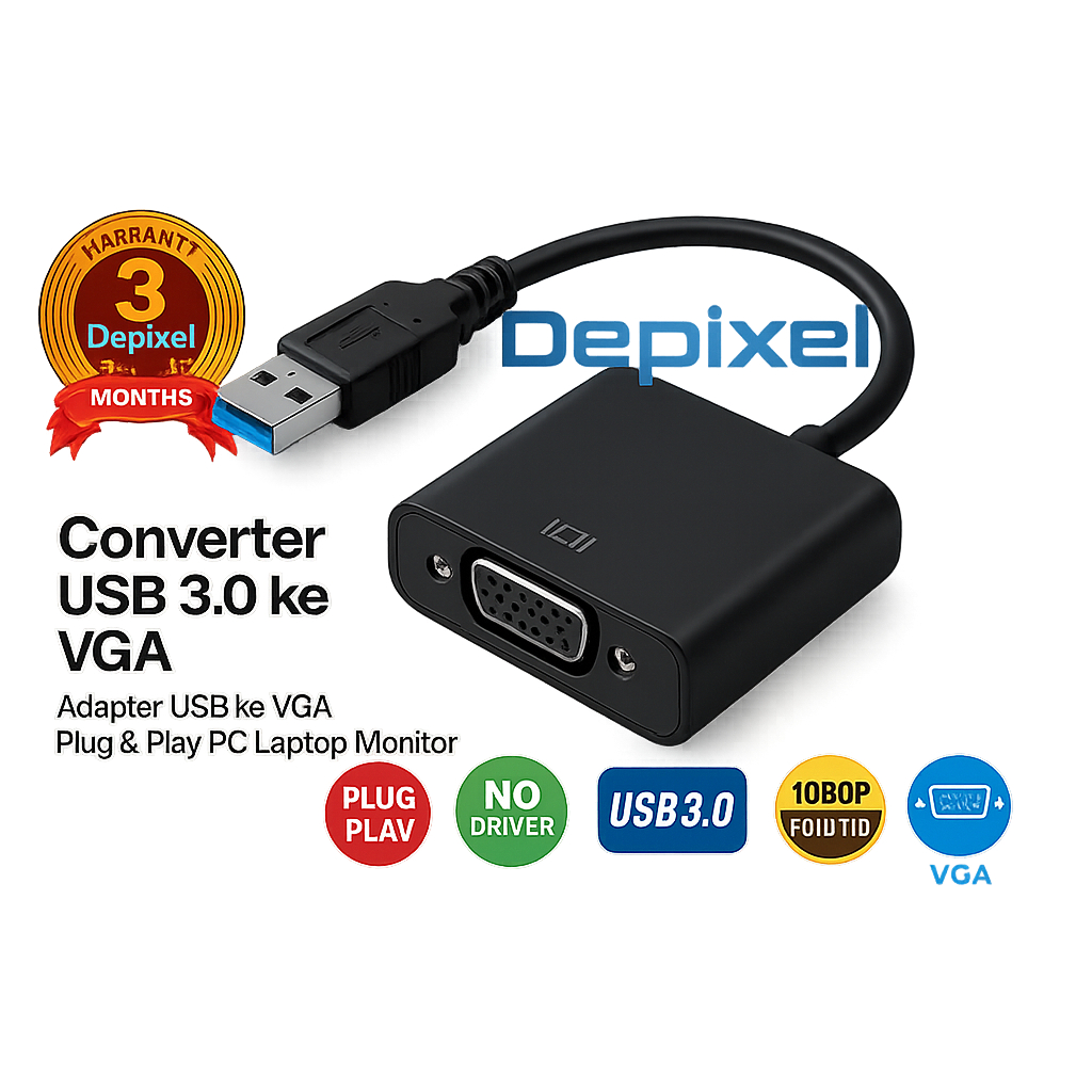 Converter USB Type A 3.0 To VGA FHD 1080p Adapter 15cm PC Laptop Tablet Monitor Proyektor Depixel