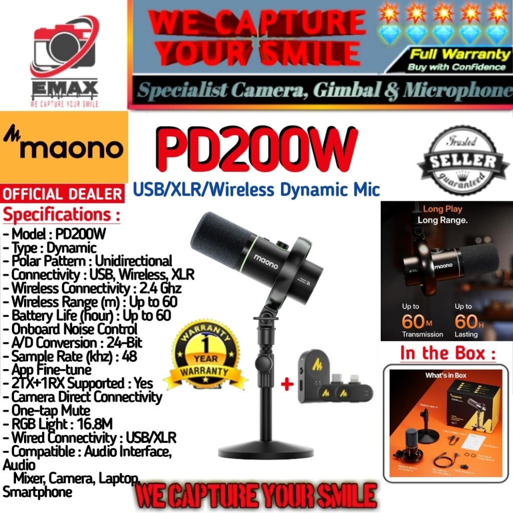 MAONO PD200W Hybrid Dynamic Wireless Microphone 3in1 Wireless USB XLR Mic Podcast Streaming Gaming M