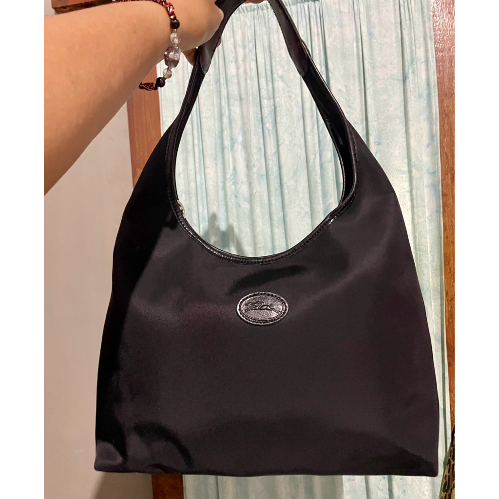 Longchamp Black Nylon & Leather Shoulder Bag Hobo Ergo Style Made in France Lengkap Tag Preloved