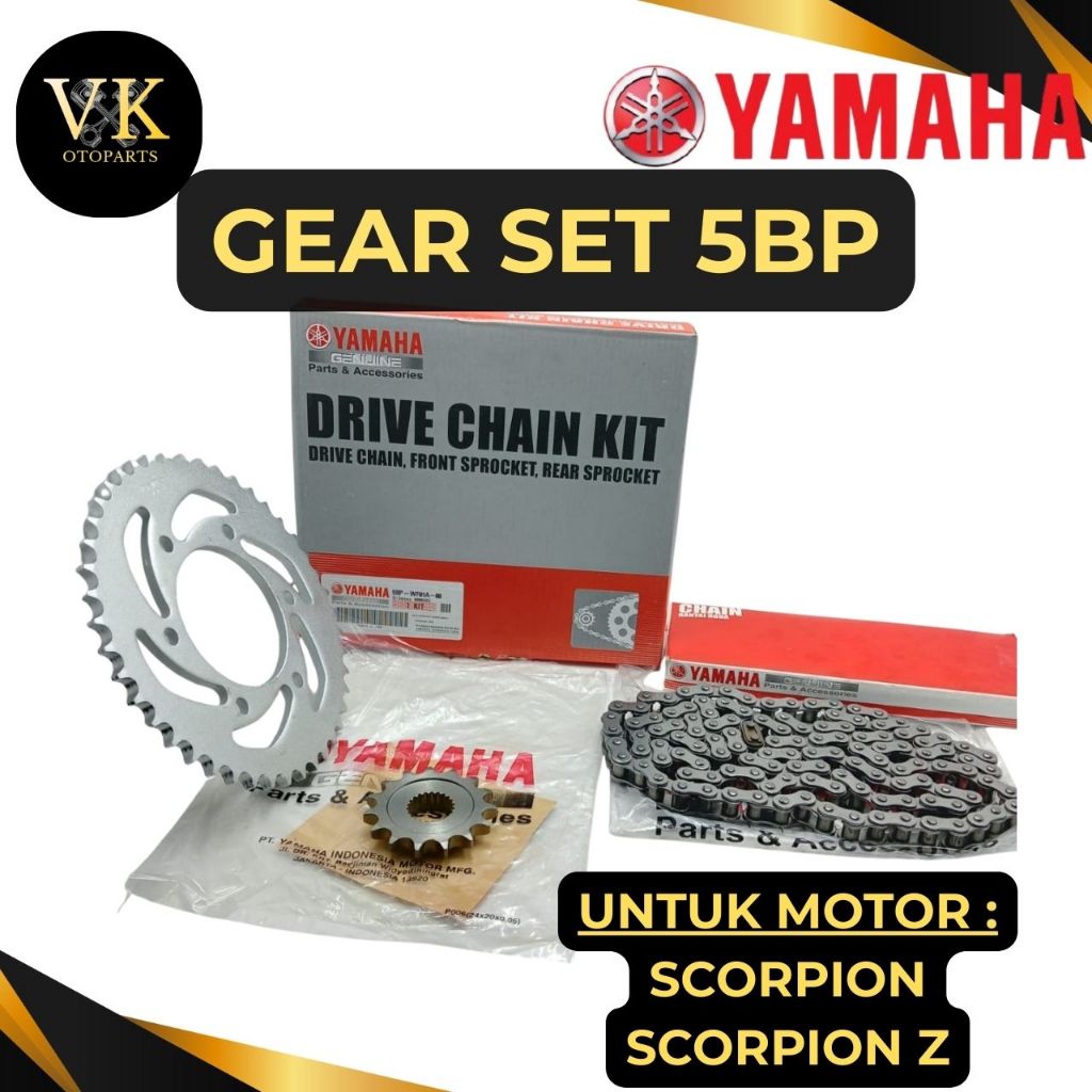GEAR SET+RANTAI KODE-5BP ORIGINAL ASLI YAMAHA YPG SCORPIO/SCORPIO Z KUALITAS ORI YAMAHA YPG ORI