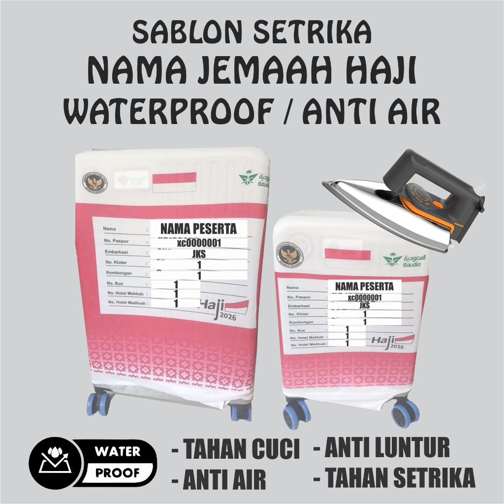 SABLON STIKER NAMA TINGGAL SETRIKA ANTI AIR  UNTUK KOPER JEMAAH HAJI/UMROH 2026