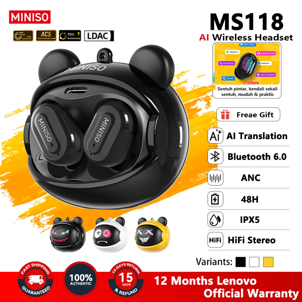 MINISO MS118 TWS Earbuds Karakter Lucu Bluetooth 6.0 AI Penerjemah HiFi Bass Kuat IPX5 Waterproof Sm
