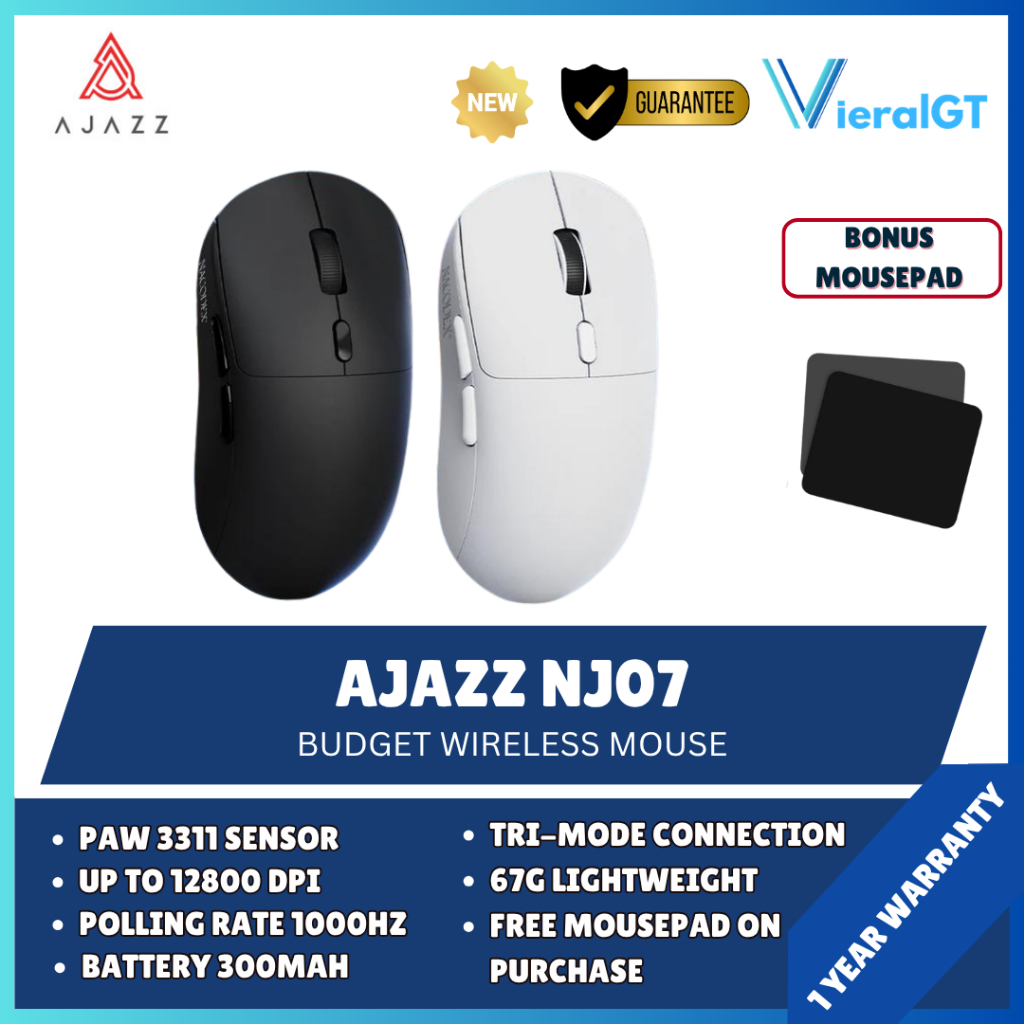 AJAZZ NJ07 / NJ-07 Mouse Gaming  PAW3311 Lightweight 67g Tri-mode Connection 1000Hz Polling Rate