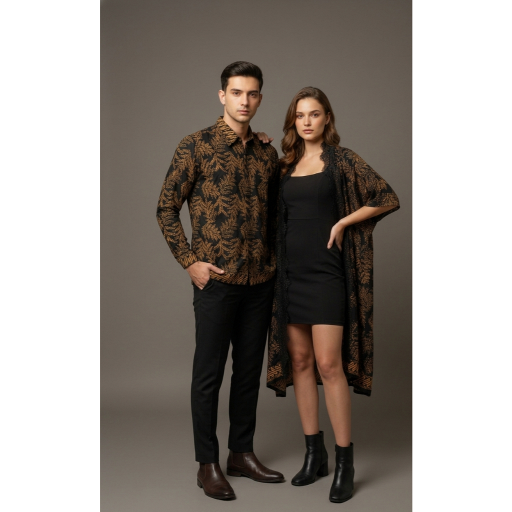 Set batik Couple Outer Andini motif daun + Kemeja Batik motif daun