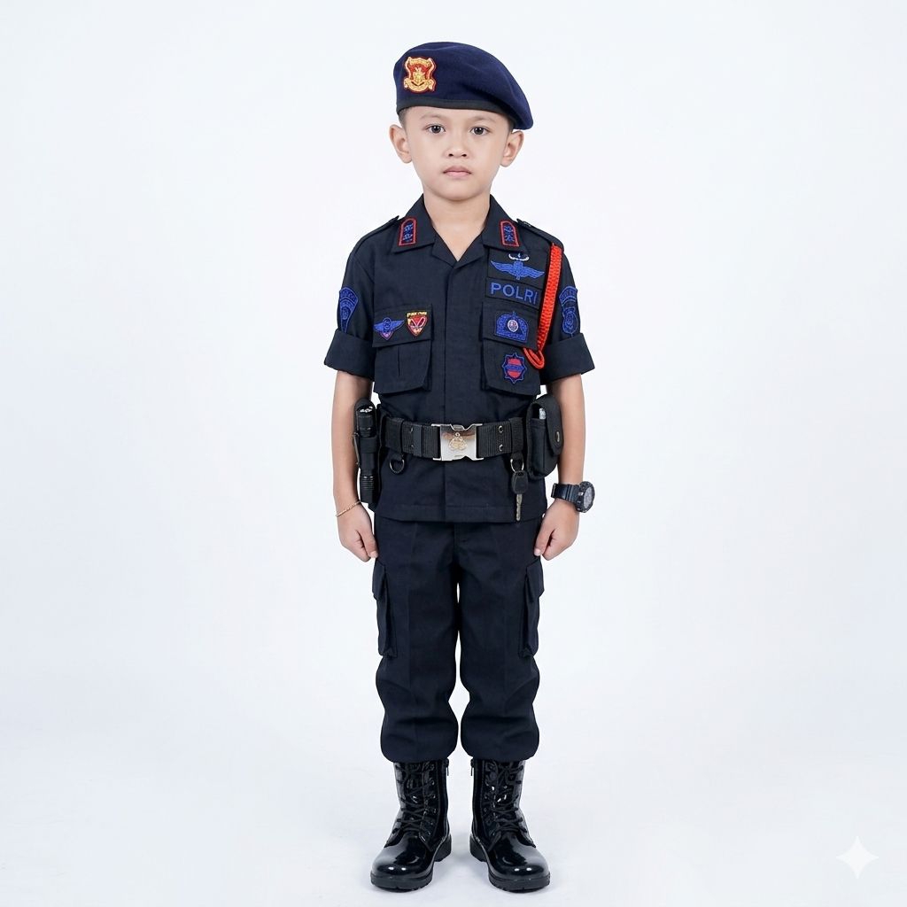 Kostum Baju Brimob Anak Hitam Pelopor Lengkap Aksesoris Pasukan Khusus Polri Setelan Karnaval Anak L