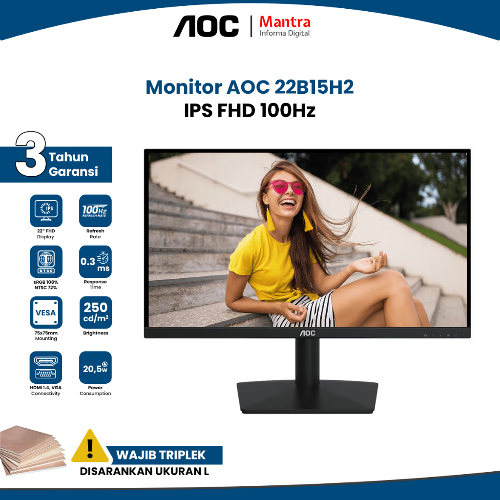 AOC LED Monitor 22B15H2 22 Inch IPS FHD 100Hz 4ms Adaptive Sync HDMI VGA