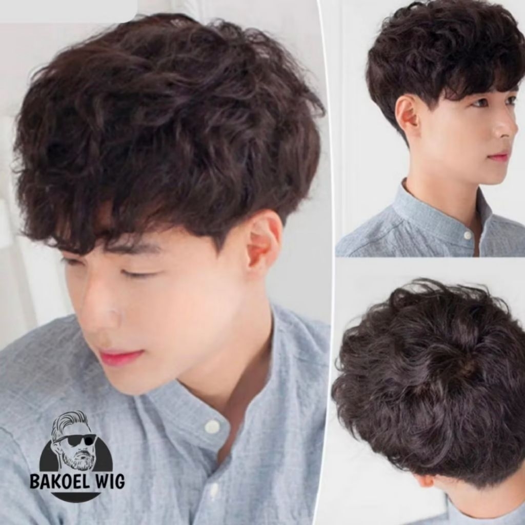 Wig Toupee Pria Kriting Penutup Botak Penambahan Rambut Keriting