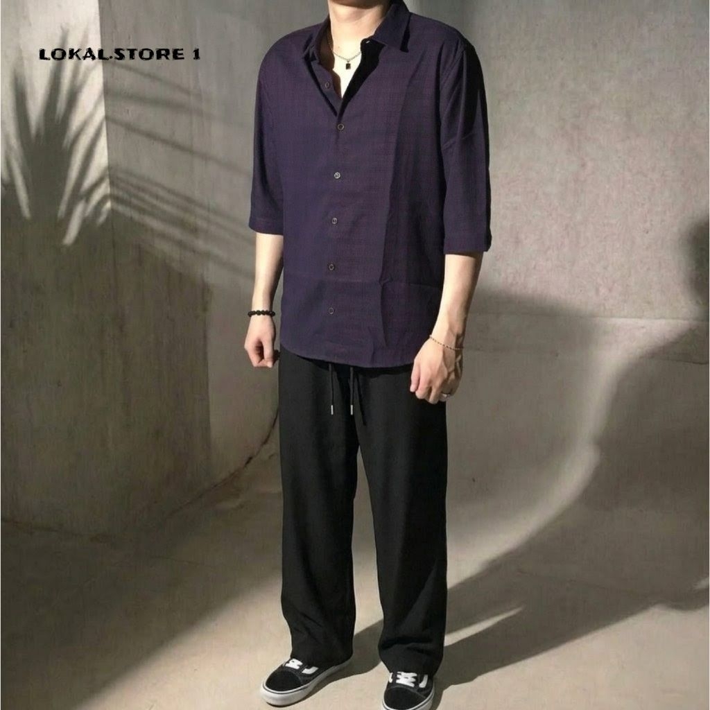 Kemeja Pria Flanel Kotak Lengan 3/4 Purple - Kemeja Casual Oversized Clean Look Premium