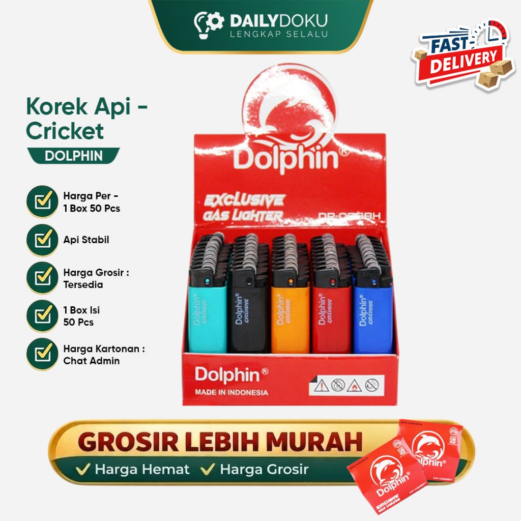 Korek Api Gas Dolphin Cricket Roda 0888H  Pemantik Api Stabil | 1 Box Isi 50 PCS | Grosir Lebih Mura