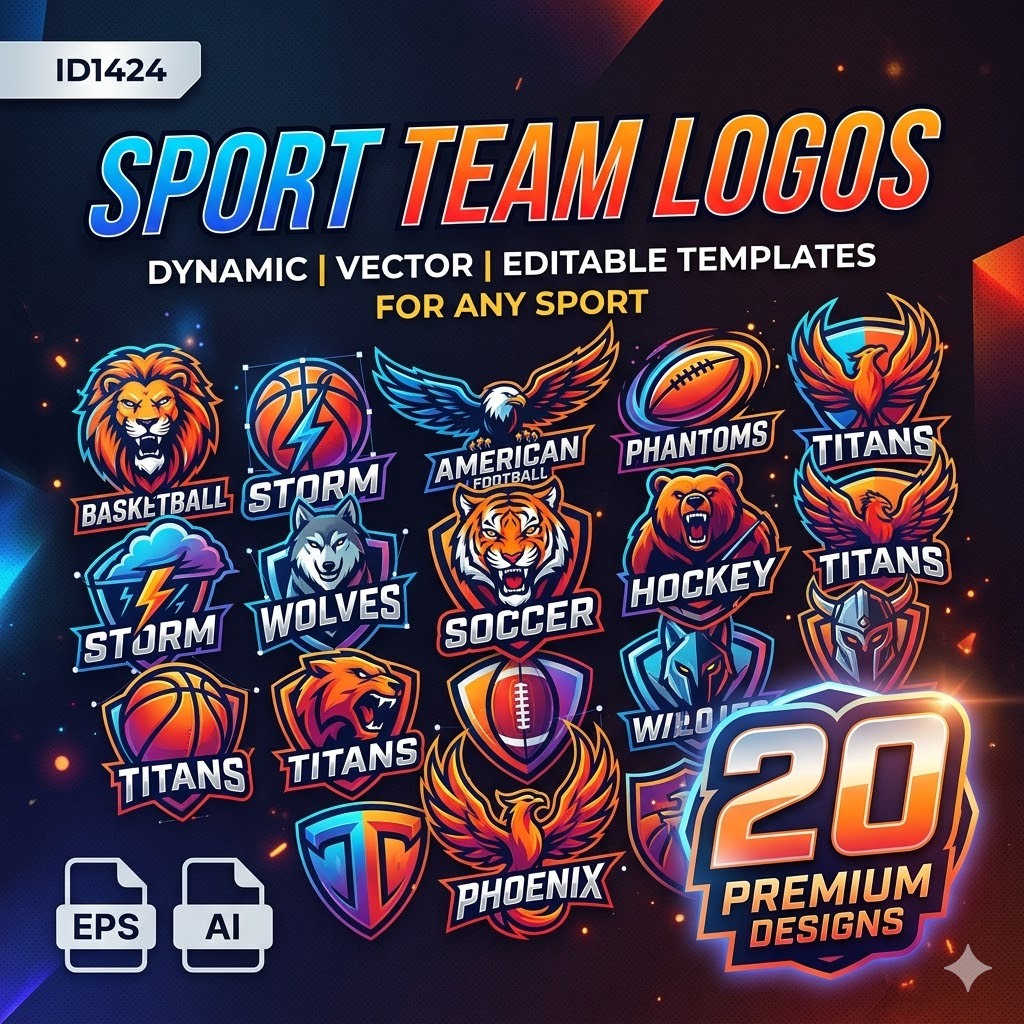 ID1424 - 20 Sport Team Logos Template | Koleksi Template Logo Tim Olahraga untuk Desain Kreatif & Pr