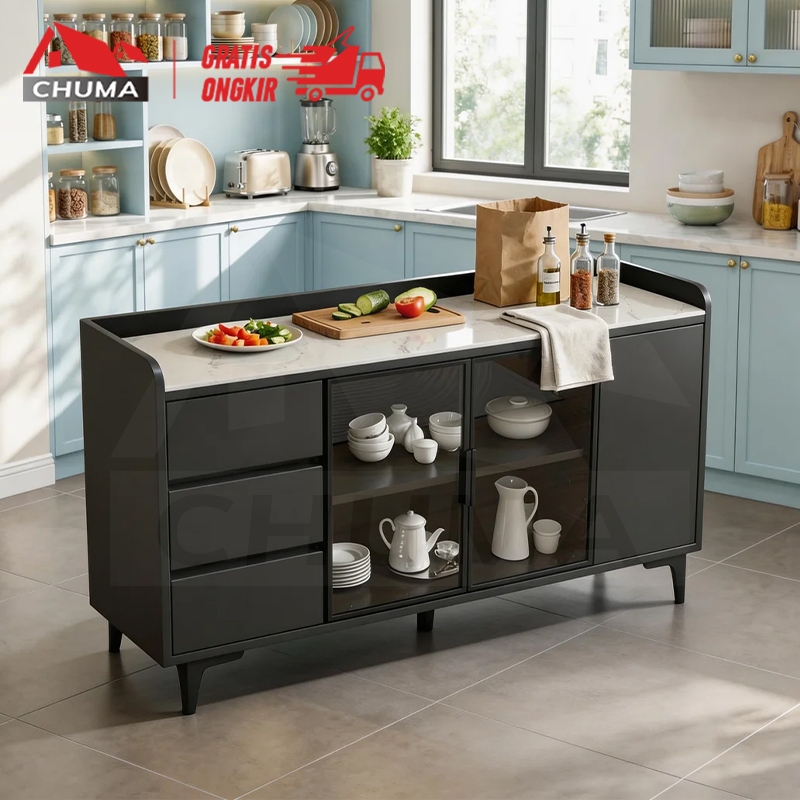 Meja Dapur 6 Pintu Marmer Estetik/Kitchen Set Penyimpanan/Rak Dapur Minimalis Ruang Tamu sjr