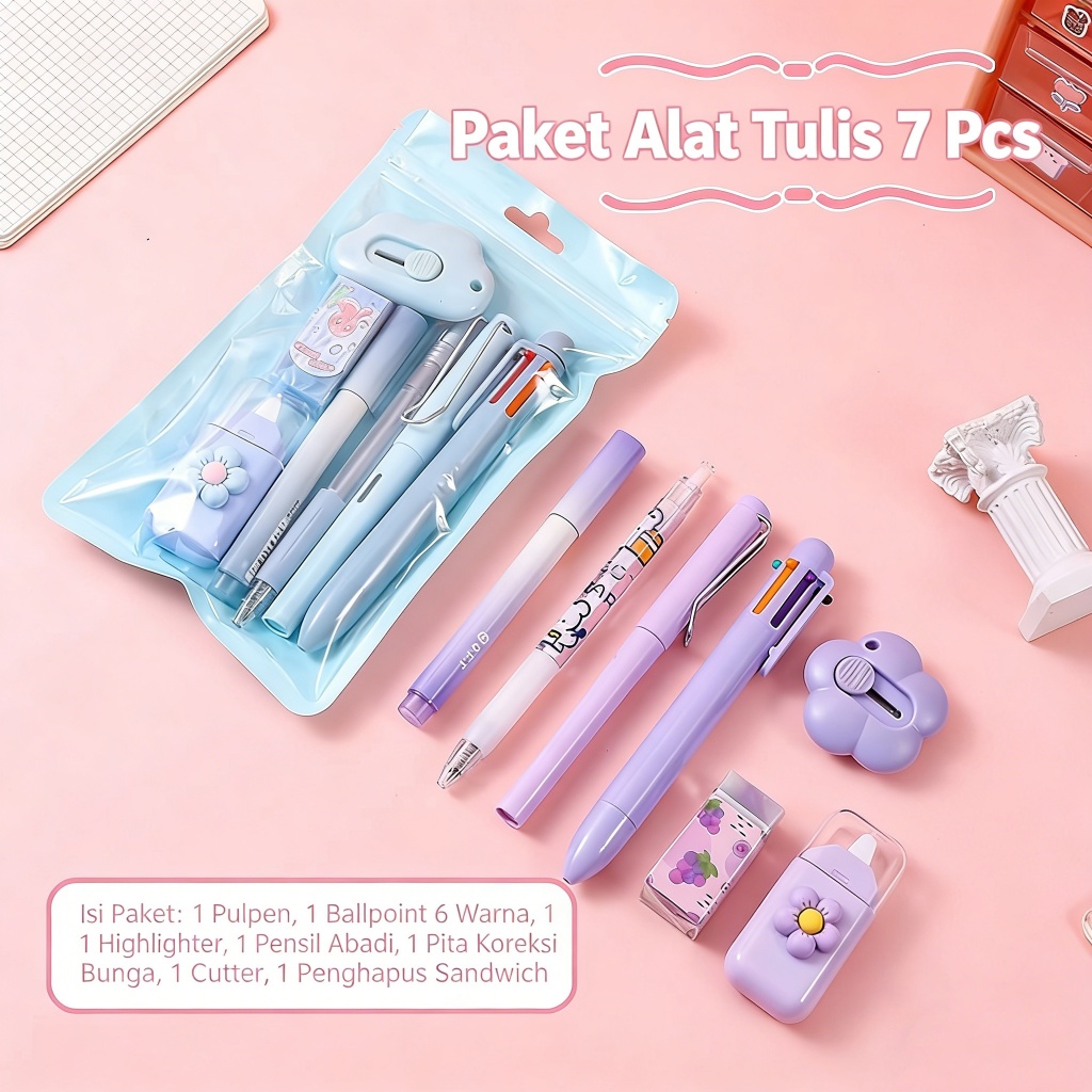 Set Alat Tulis Aesthetic 6in1 Kawaii | Pulpen Gel, Correction Tape, Penghapus, Cutter Mini | Cute St
