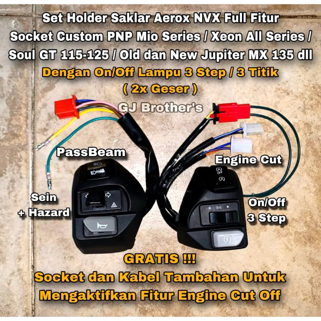 1 Set Holder Saklar Kiri Kanan Aerox 155 NVX Vietnam Variasi Passbeam / Pass Beam , On Off Lampu 3 S