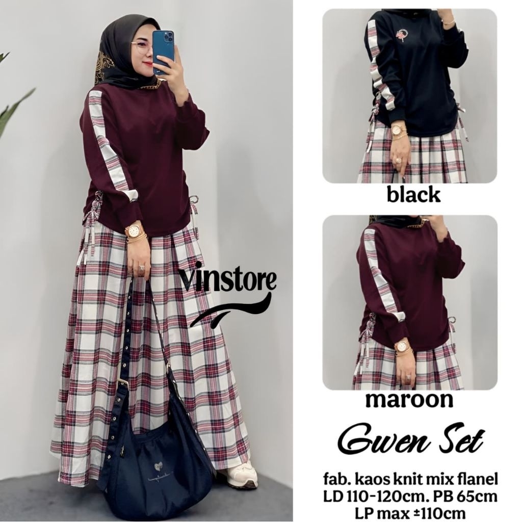 Vinstore -Gwen Setelan Rok Wanita Kaos Knit Mix Flanel