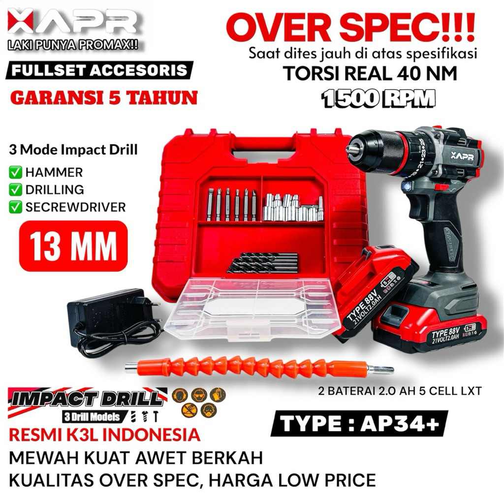 APR AP34+ Bor Cordless 13MM 34Vf Garansi Resmi 3thn Bor Besi Kayu Tembok Beton Impact Drill Keyless 
