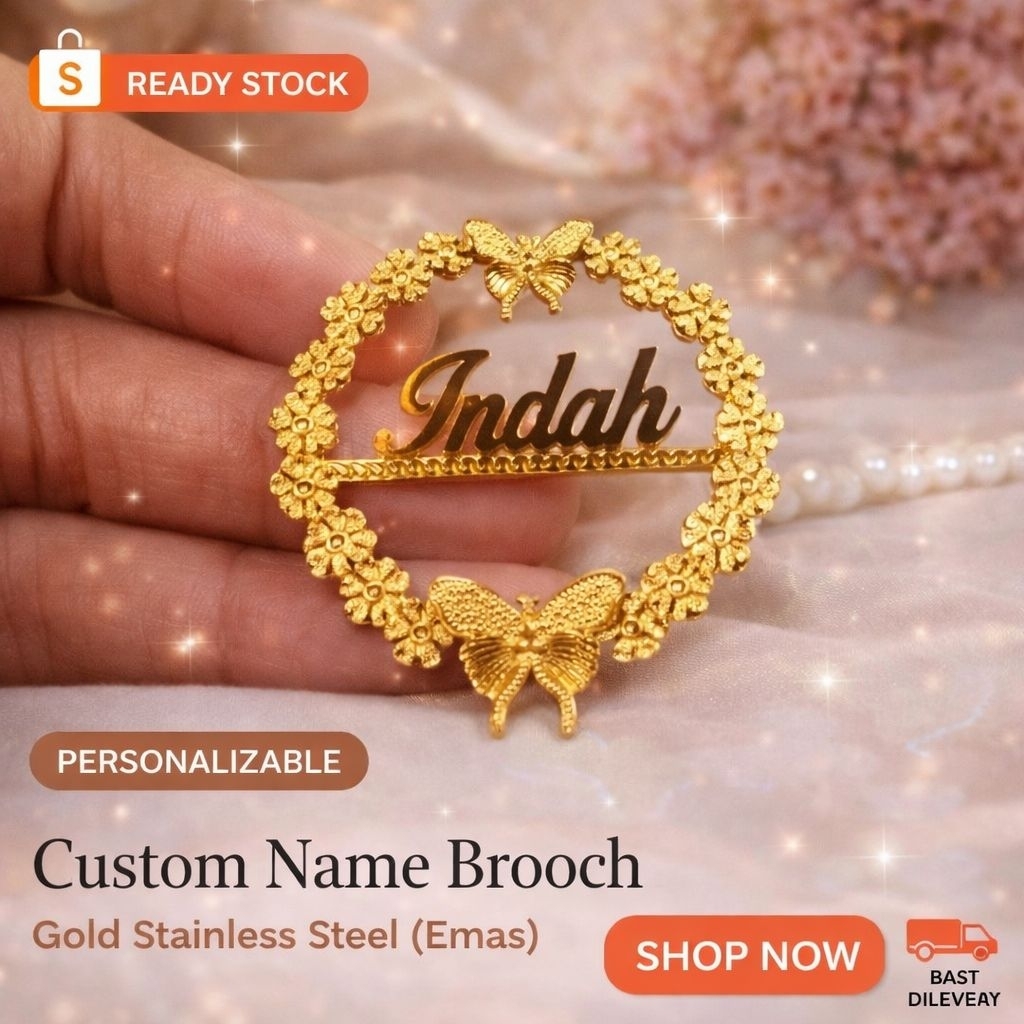 Bros Nama Custom Lapis Emas Bros Hijab Bros Peniti