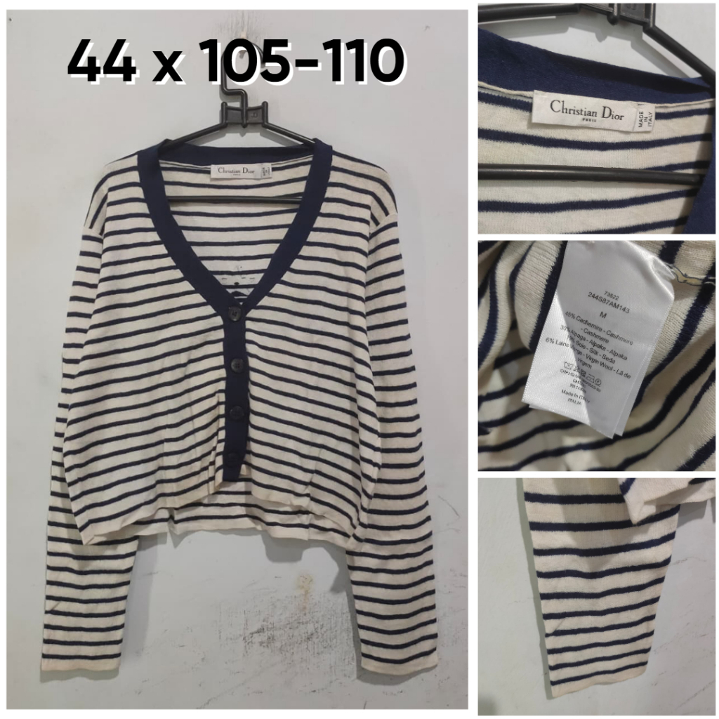 Cardigan Christian Dior BW Broken White Salur Navy Size M Wanita Rajut KL385