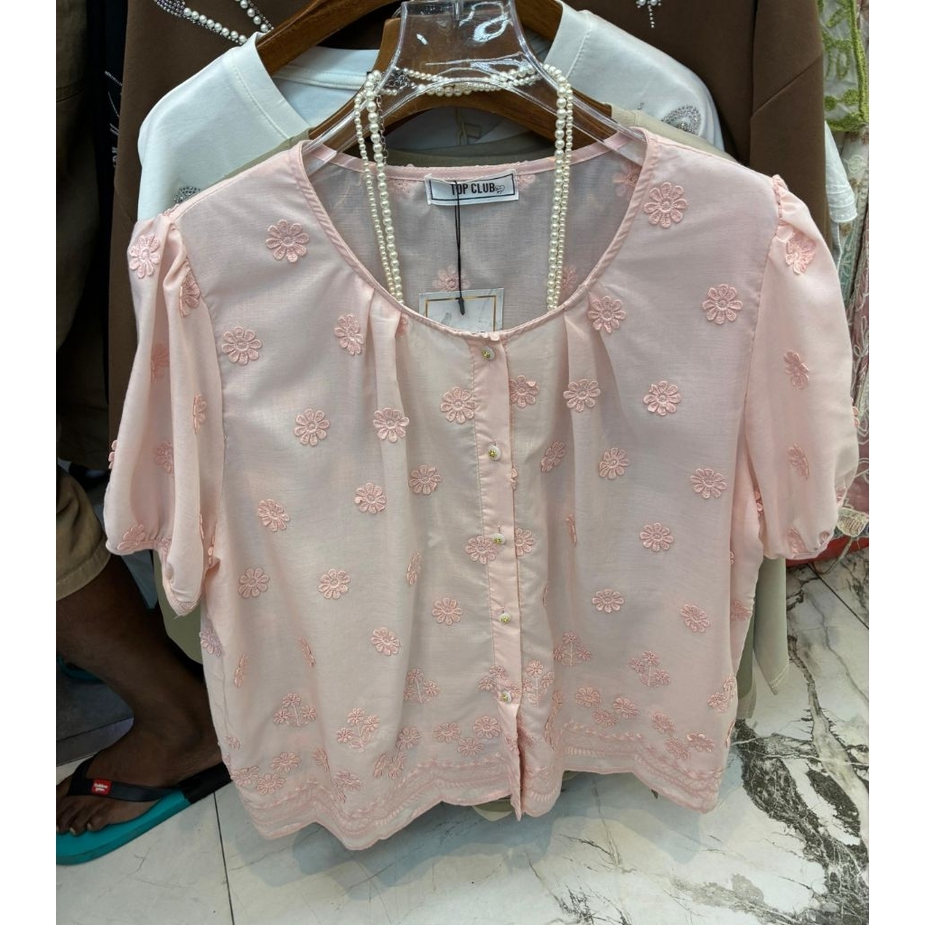 Atasan blouse bunga 3D timbul tangan pendek wanita kancing top club bangkok bkk big size jumbo