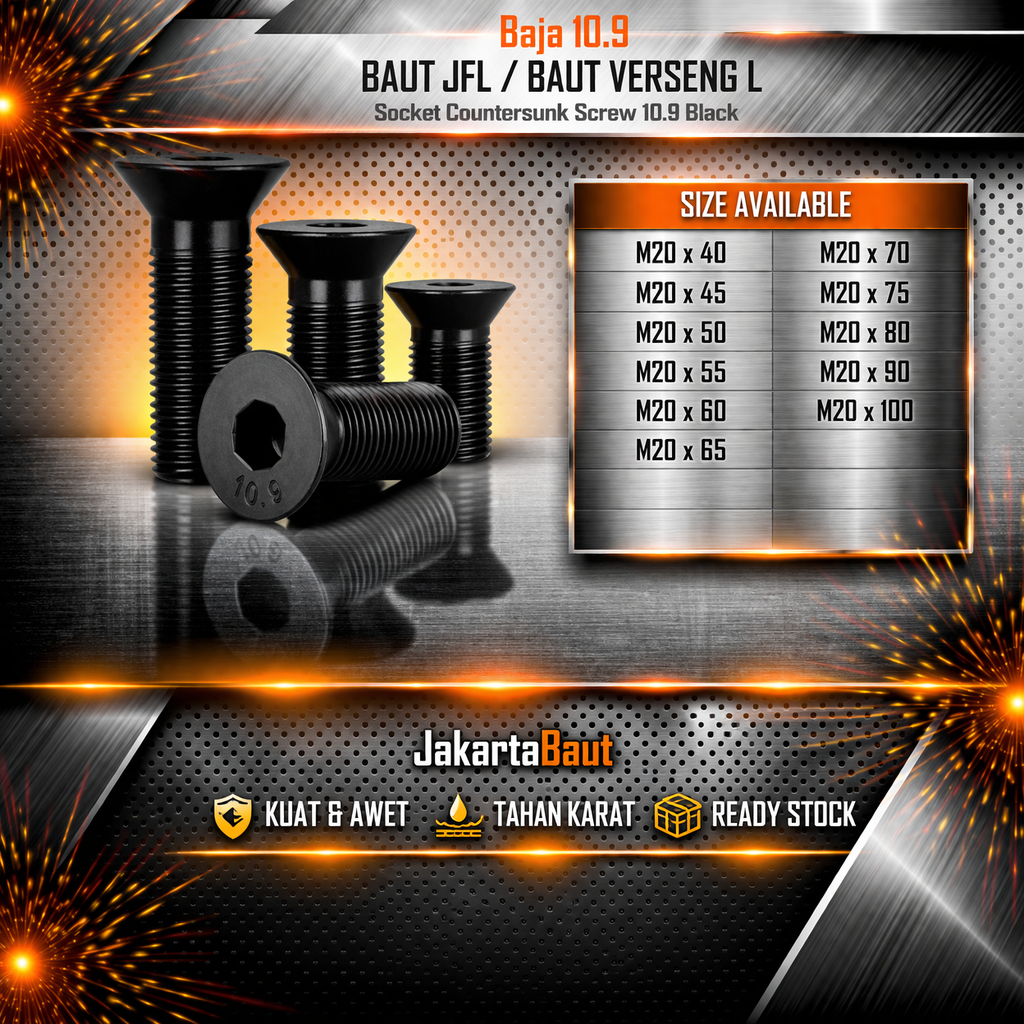 Baja 10.9 Baut JFL M20X70 / Baut Verseng L 20X70 / Countersunk L M20 X 70 / 20 X 70  - Socket Counte